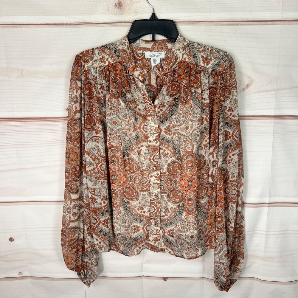Rachel Zoe Top Womens Small Orange Paisley Blouse Lined Balloon Sleeve Button Up